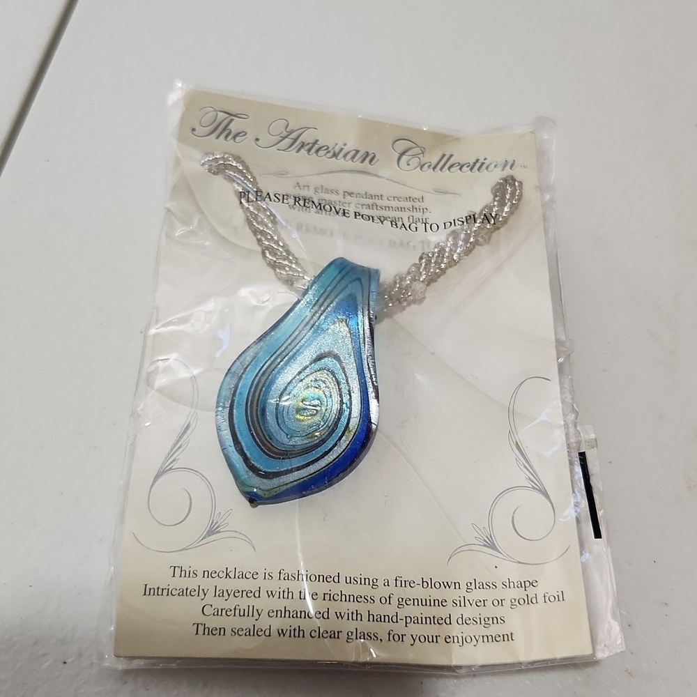 The Artesian Collection Necklace Glass Blown New Glass Pendant Blue White